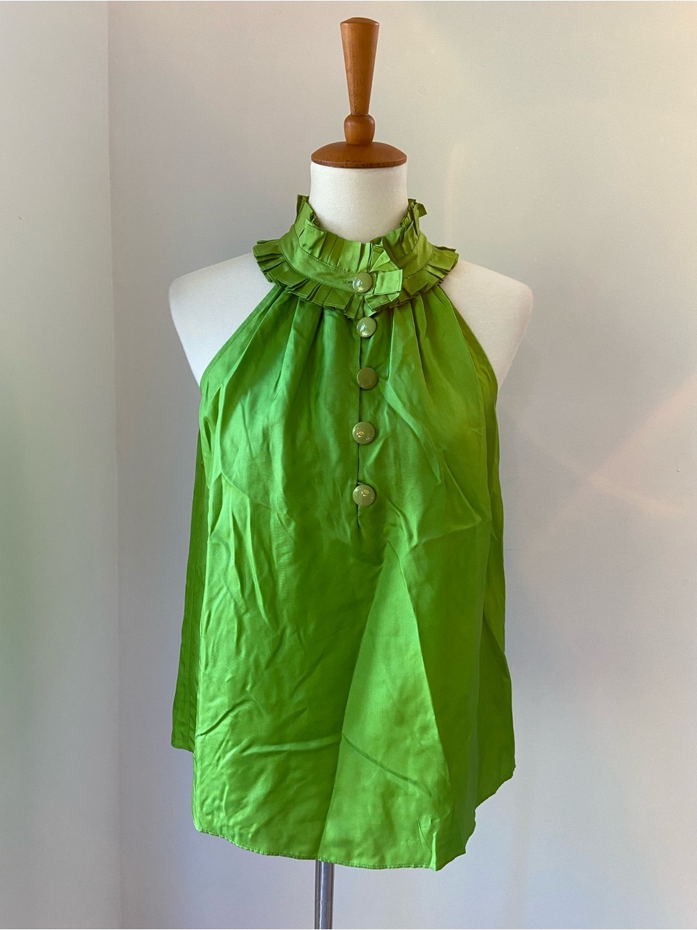 J Crew Green Silk Halter Ruffle Neck Button-Front Women's Top